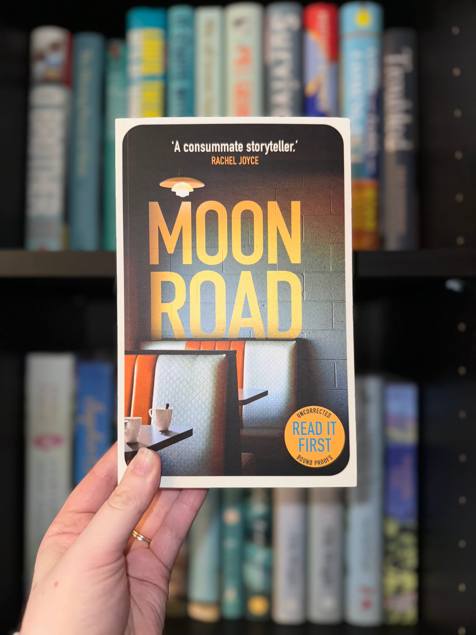 The photo shows the book cover of the book Moon Road by Sarah Leipciger and is taken in front of a book case full of books. 
