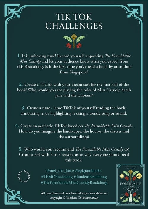 Image text describes "Tik Tok Challenges" for "The Formidable Miss Cassidy" readalong, including tasks like unboxing, casting, and creating book-related TikToks.