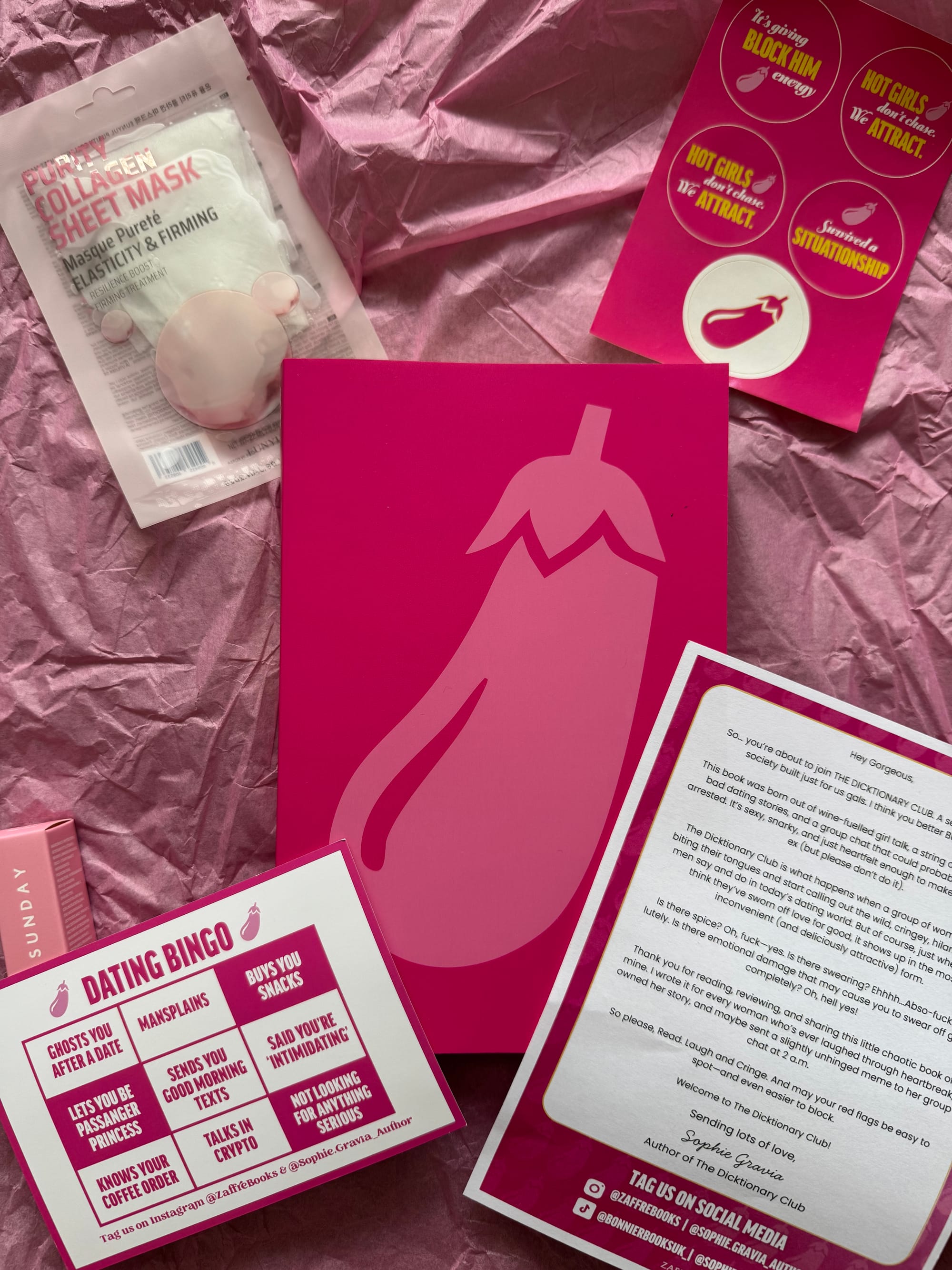 An open pink gift box with crinkled tissue paper lining the interior. Inside rests a rose-pink velvet scrunchie and a glossy card featuring gold text that reads: โThe Dicktionary Club Est. 2025 Sophie Gravia.โ The card is centrally placed, adding a touch of elegance. In the background, partially visible books with vibrant yellow and red spines sit neatly on a bookshelf, adding contrast and context.