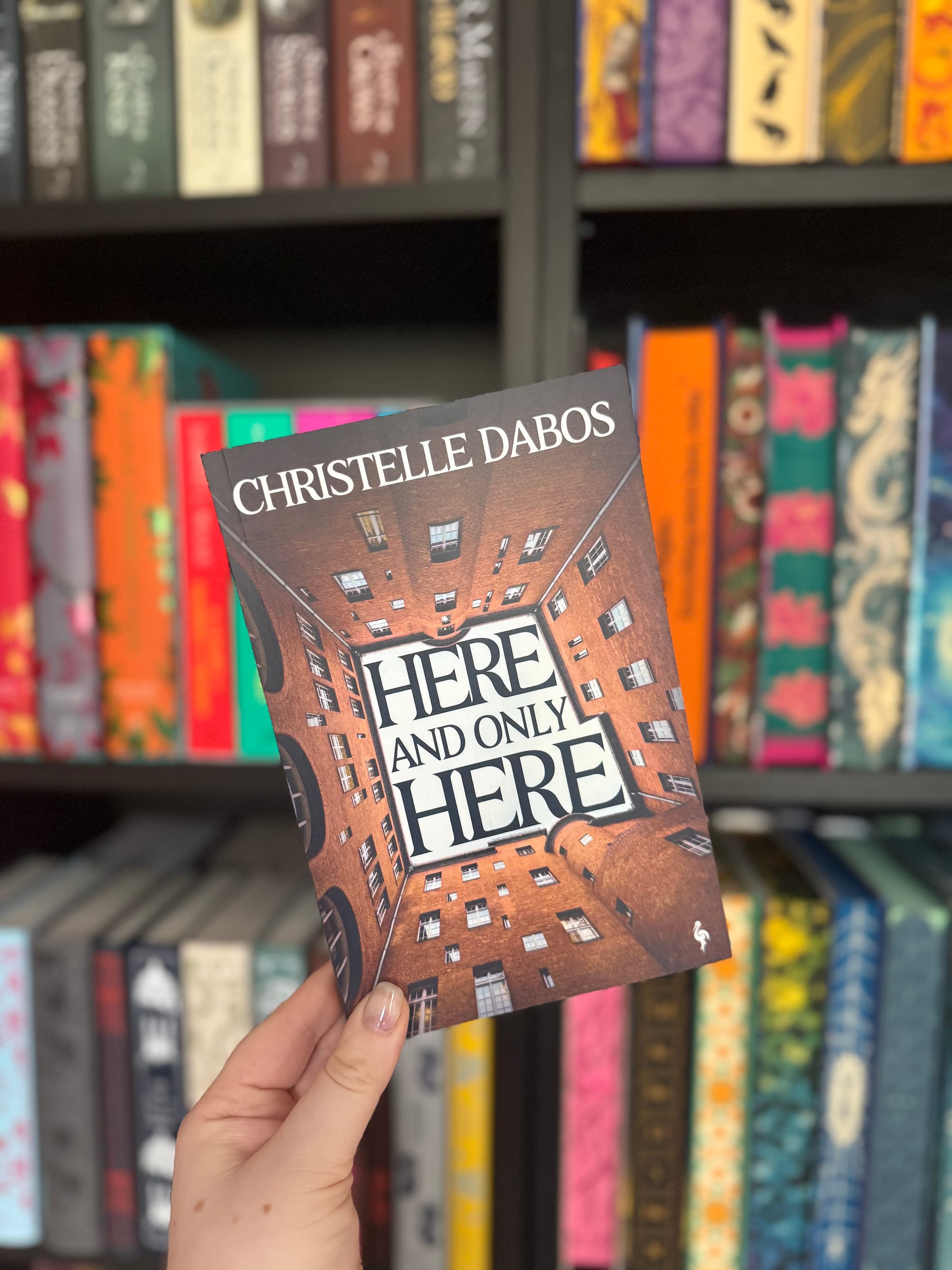 A person holds up the book Here and Only Here by Christelle Dabos against a background of neatly arranged, colourful books on a shelf. The cover depicts a distorted brick building with windows curving inward around the title.