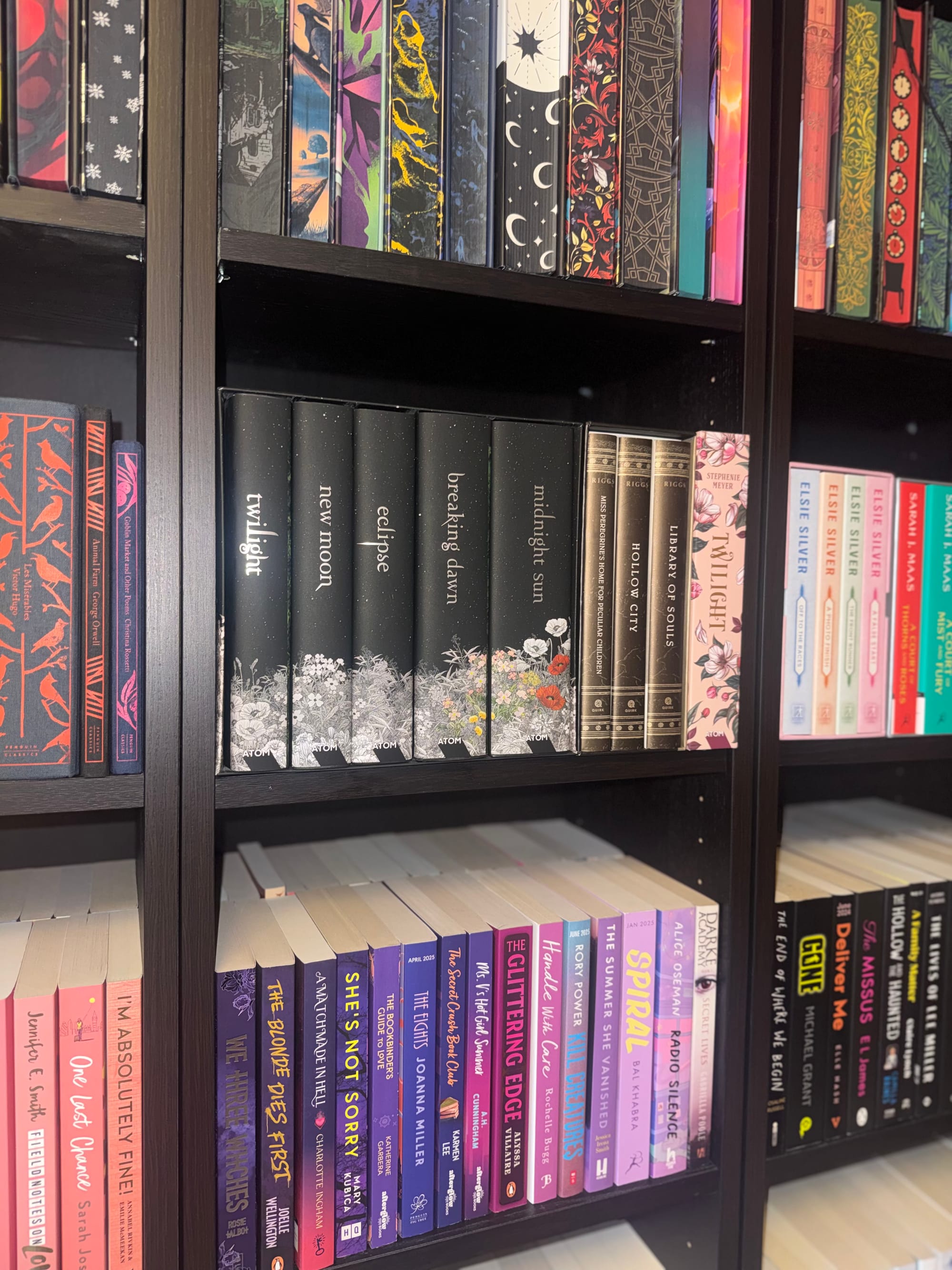 Bookshelf with colorful book spines, including Twilight series, arranged neatly. Black shelves add contrast to the vibrant covers.