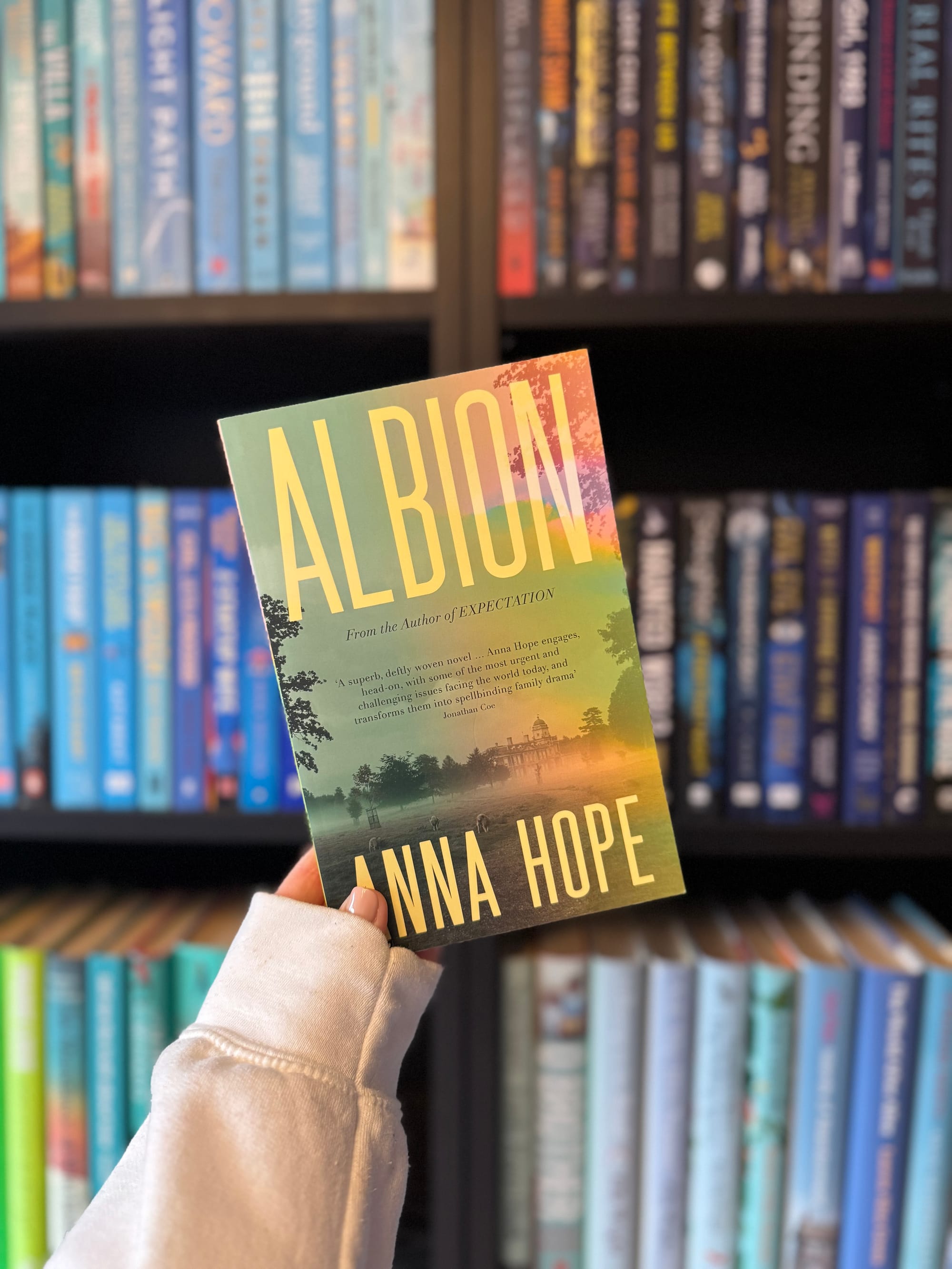 Hand holding "Albion" book by Anna Hope, in front of a colorful bookshelf. Cozy setting.