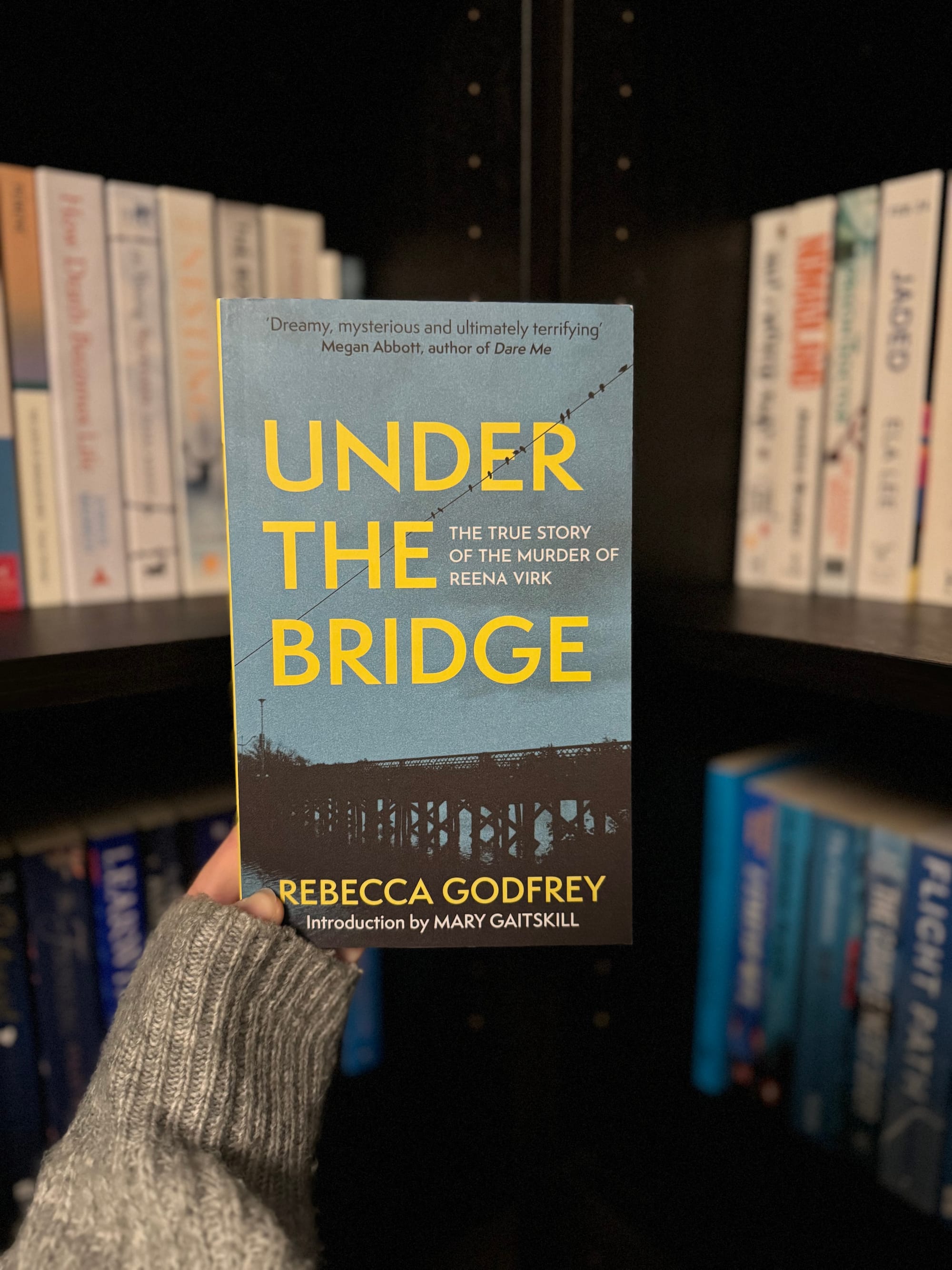 A hand holds the book "Under the Bridge" by Rebecca Godfrey against a bookshelf backdrop. The cover features a bridge silhouette.