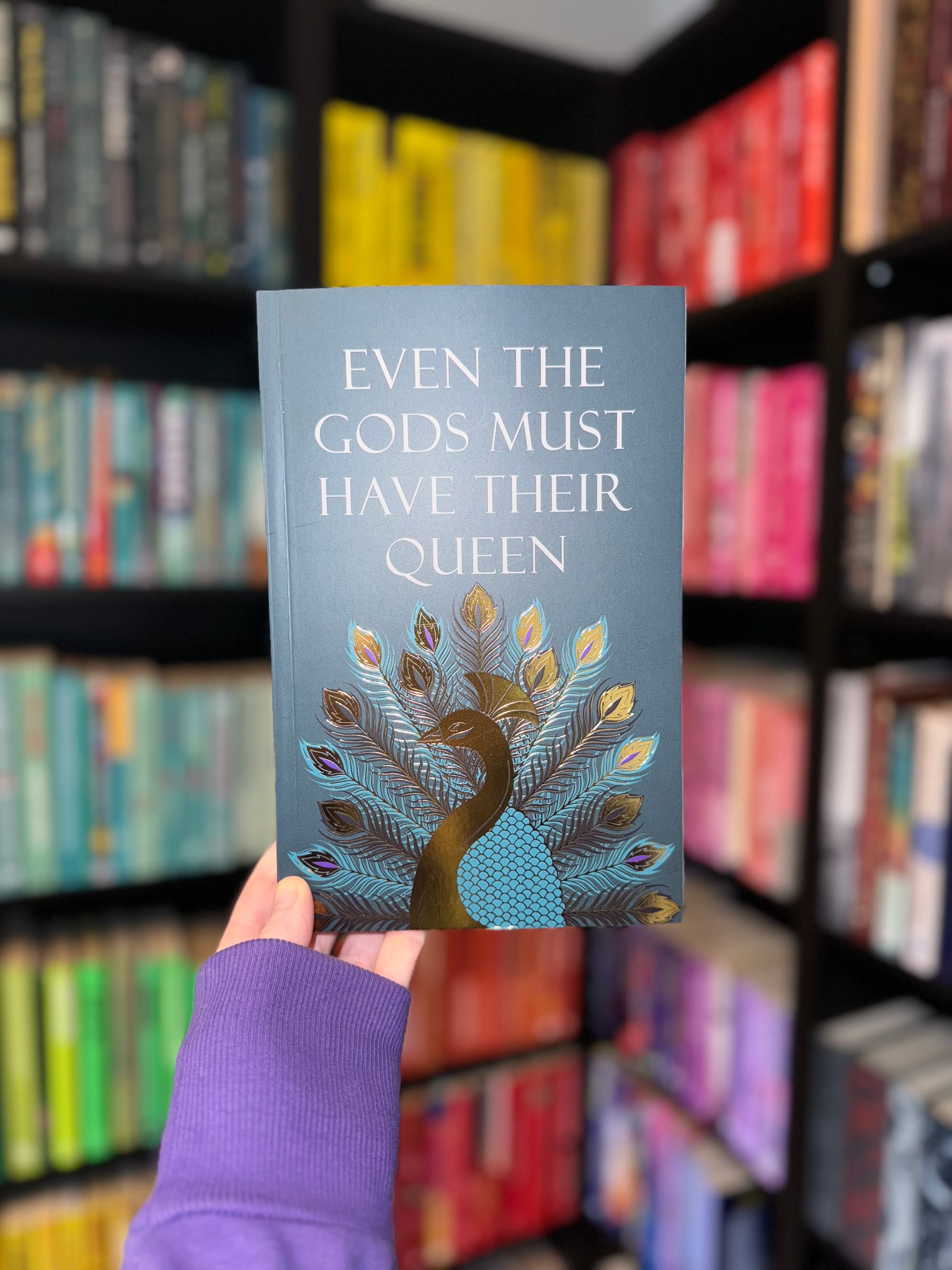 A hand in a purple sleeve holds a book with a peacock design titled "EVEN THE GODS MUST HAVE THEIR QUEEN," against colorful bookshelves.