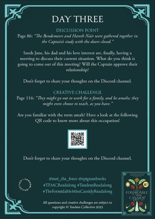 Day 3 reading challenge poster with discussion points from "The Formidable Miss Cassidy." Includes QR code and prompts to share on Discord.