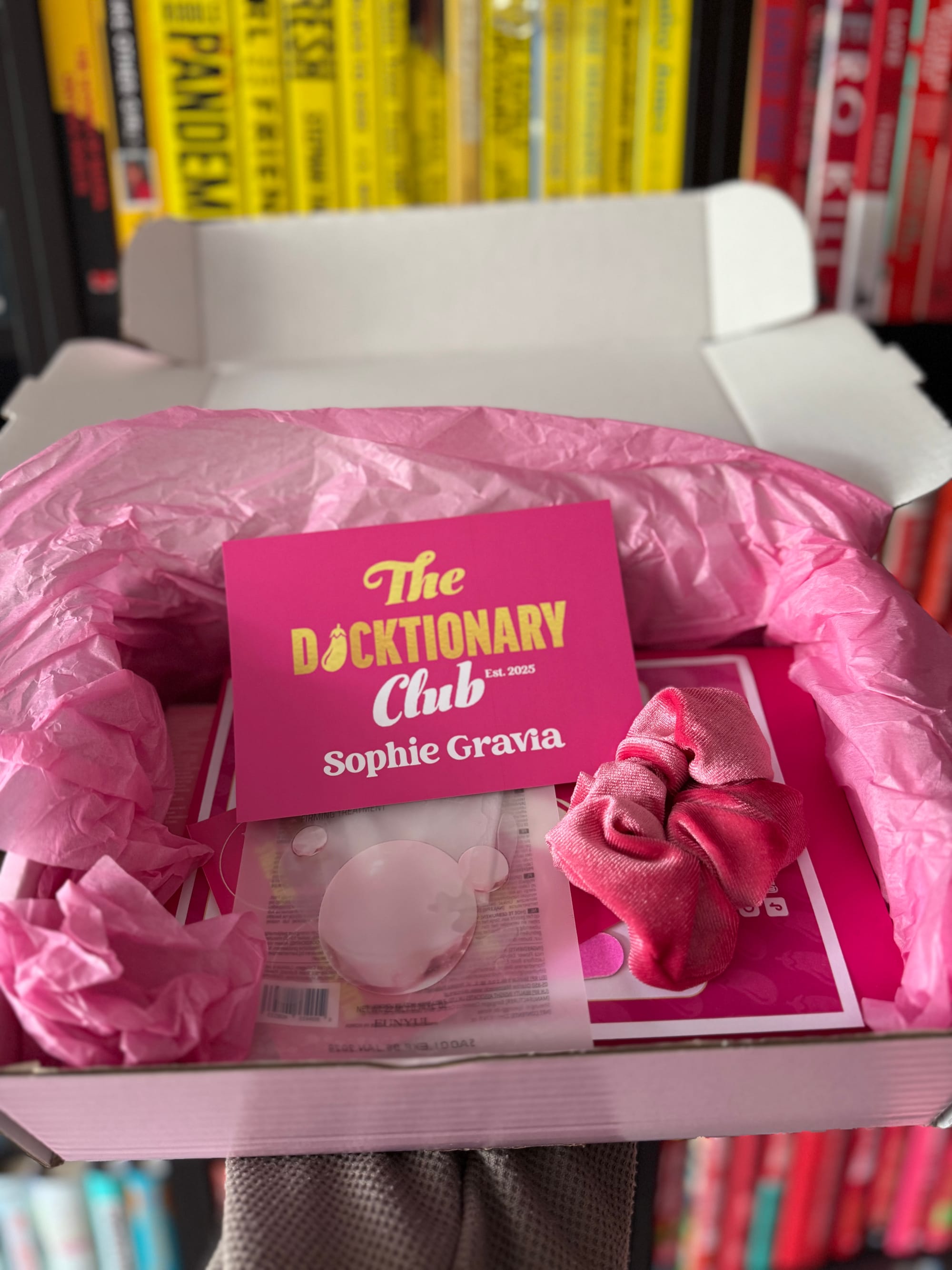 An open pink gift box with crinkled tissue paper lining the interior. Inside rests a rose-pink velvet scrunchie and a glossy card featuring gold text that reads: โThe Dicktionary Club Est. 2025 Sophie Gravia.โ The card is centrally placed, adding a touch of elegance. In the background, partially visible books with vibrant yellow and red spines sit neatly on a bookshelf, adding contrast and context.