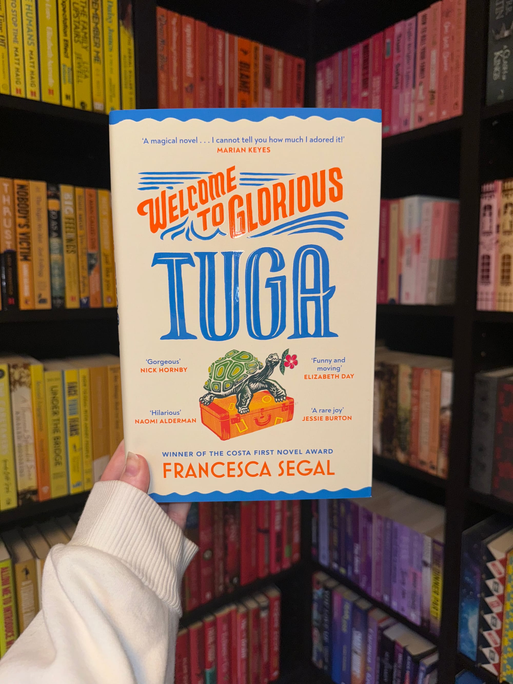 Person holds the book "Welcome to Glorious Tuga" in a colorful library. The cover shows a turtle on a suitcase. Shelves have rainbow-hued books.