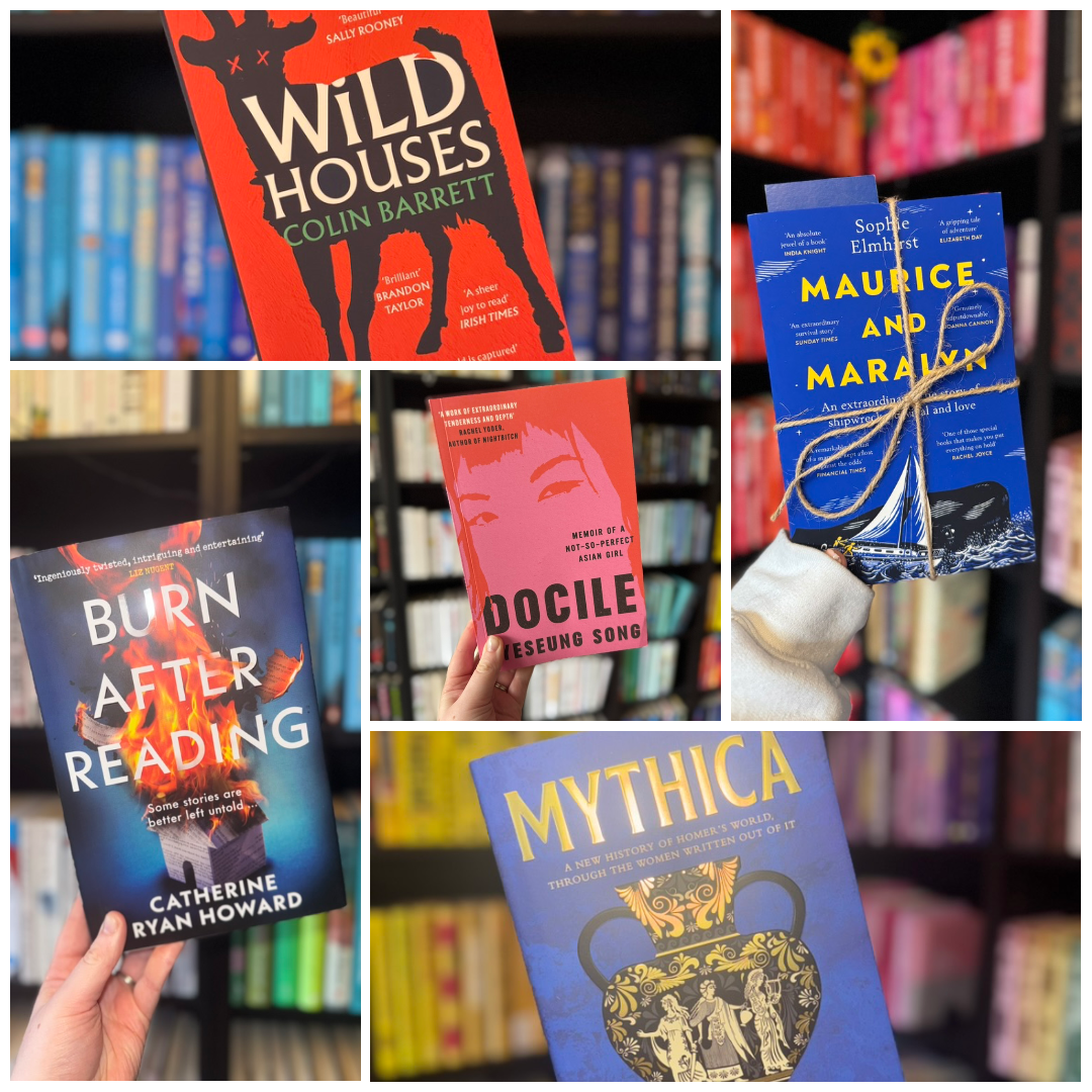 A collage of five books with vibrant covers held by hands in front of colorful, blurred shelves. Titles: "Wild Houses," "Burn After Reading," "Docile," "Maurice and Maralyn," and "Mythica."