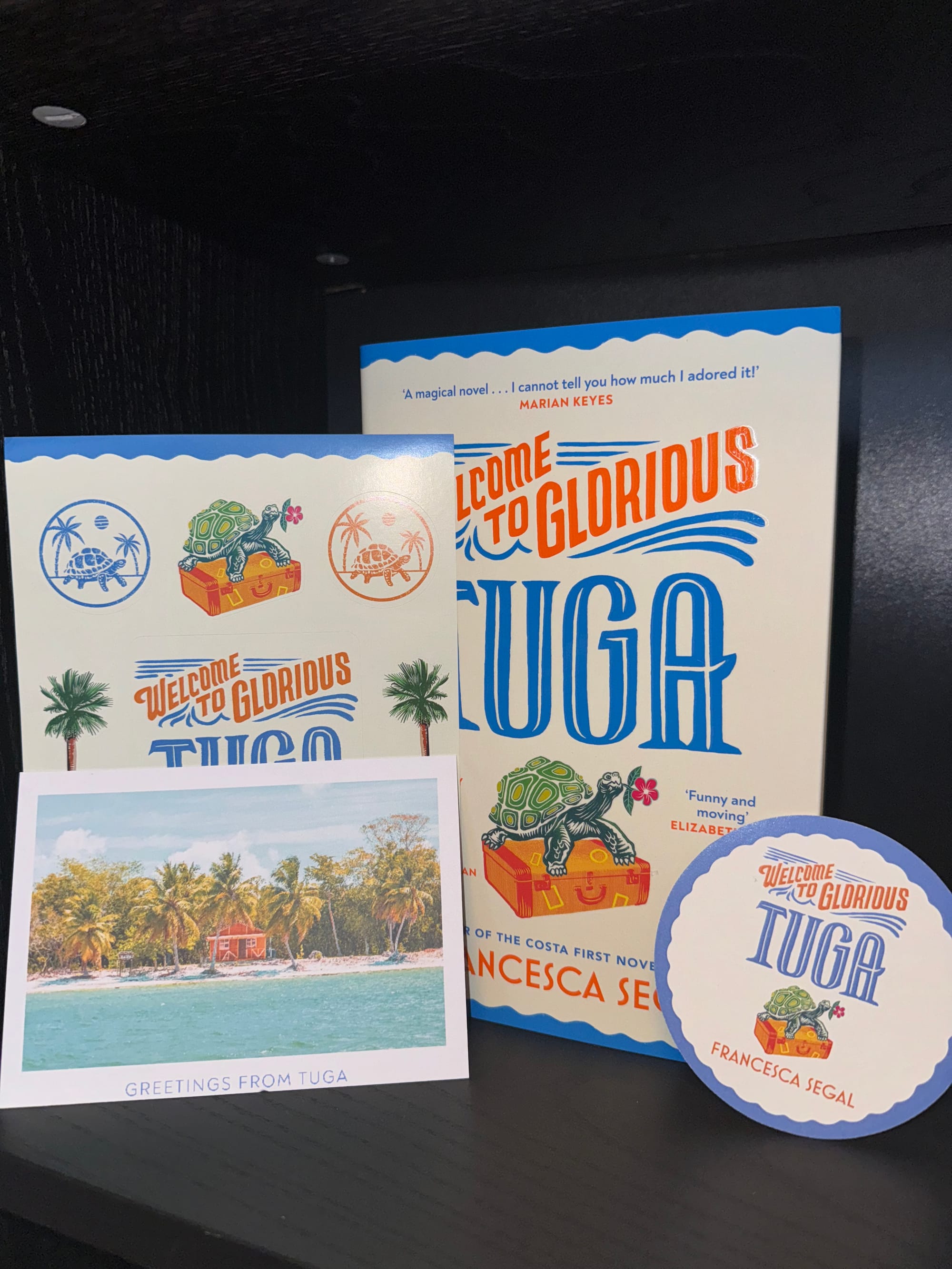 Book titled "Welcome to Glorious Tuga" with turtle design, postcard of beach scene, and round card on a dark shelf. Bright and inviting.