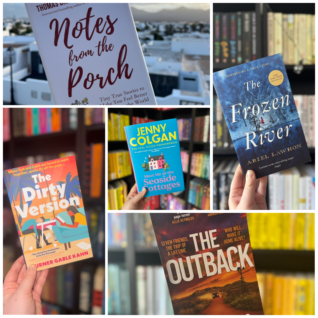 Five books are held up against bookshelf backgrounds: "Notes from the Porch," "The Dirty Version," "Meet Me at the Seaside Cottages," "The Frozen River," and "The Outback." Each has a distinct colorful cover.