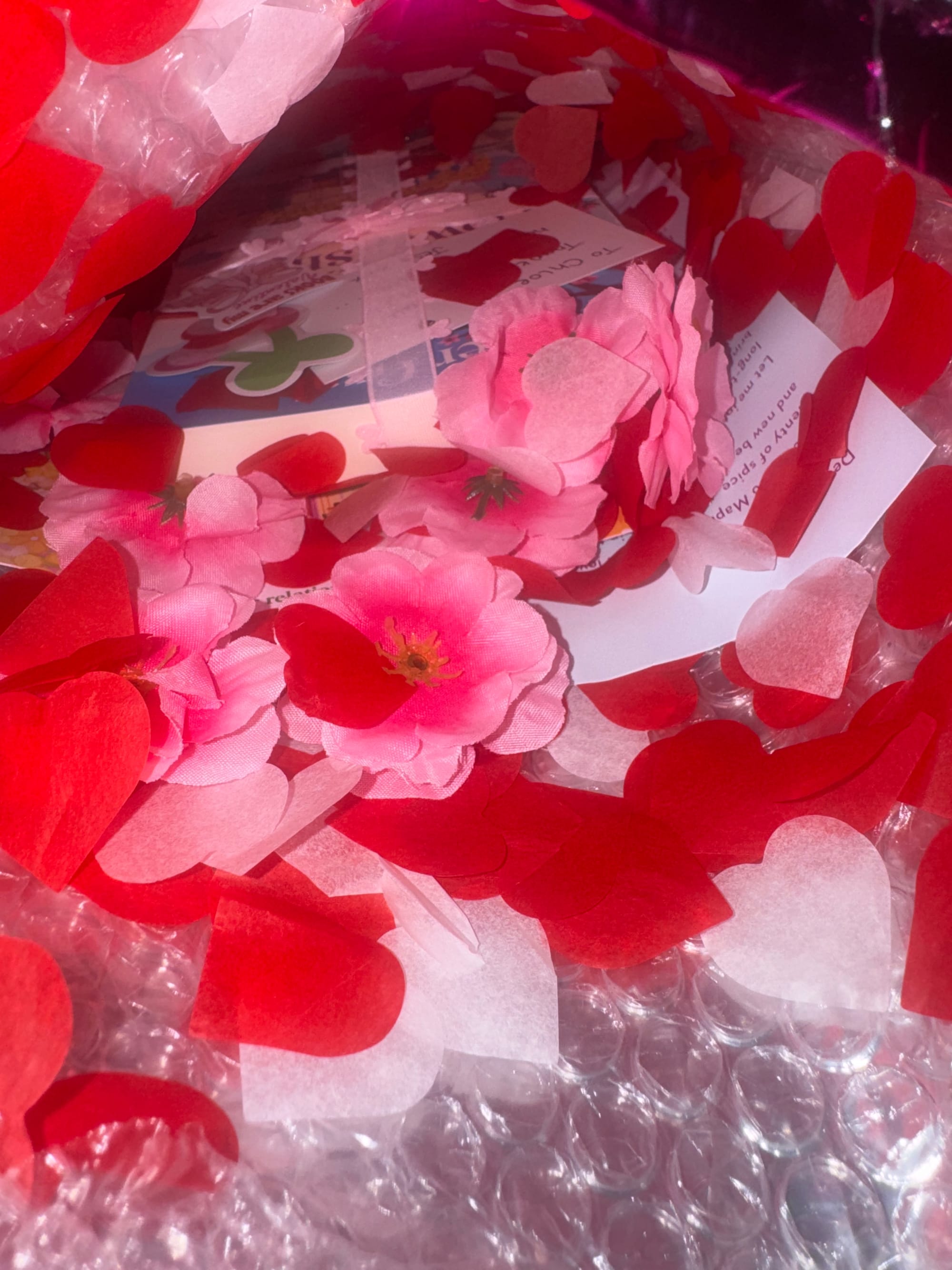 Inside the pink padded envelope, red and white heart shaped confetti and pink artificial flowers surround a wrapped book and printed inserts.