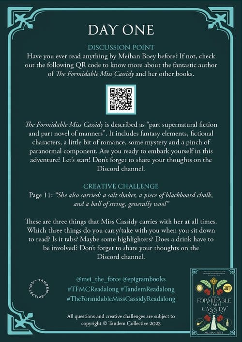Book discussion poster in teal with ornate border. Includes text prompts for "Day One" about "The Formidable Miss Cassidy" and a QR code.