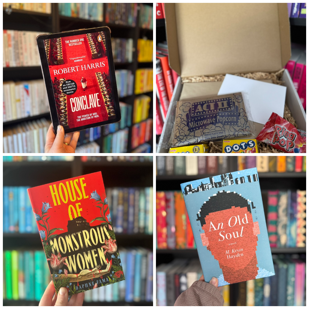 Four images: "Conclave," a red book; a snack box with popcorn and candy; "House of Monstrous Women," a colorful book; "An Old Soul," a blue book.