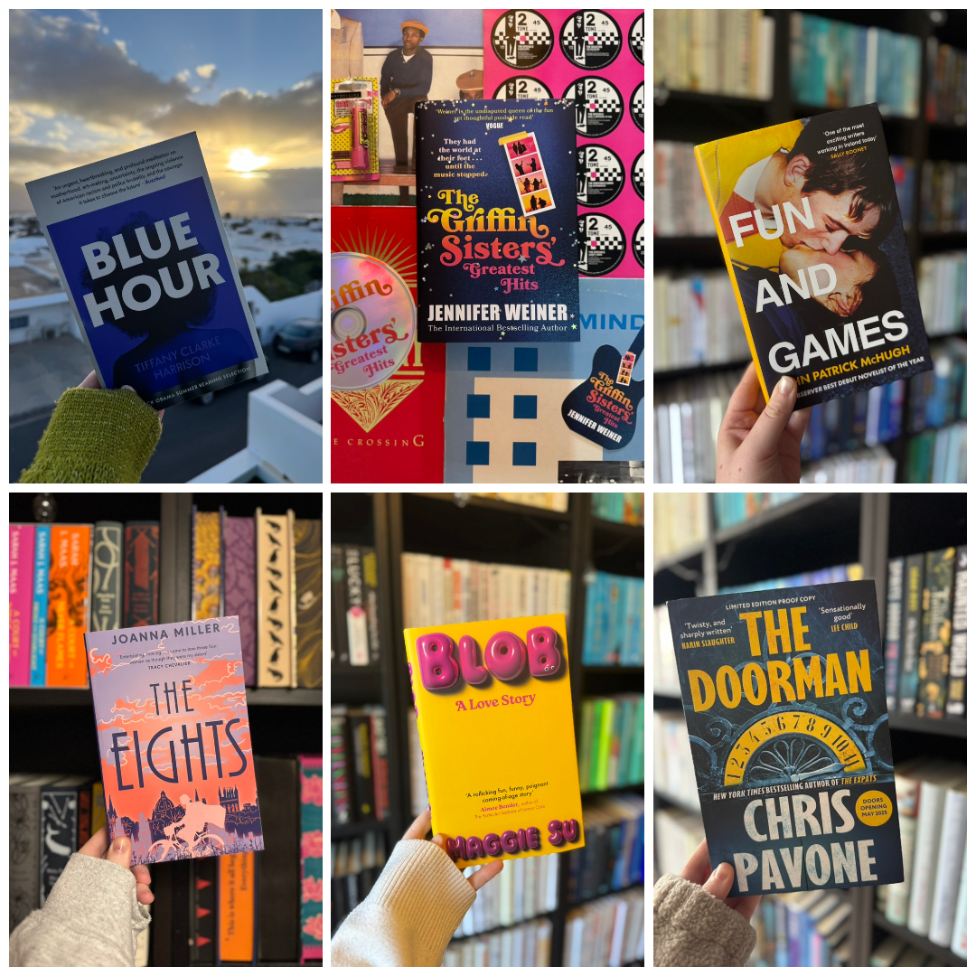 Collage of six books held by hands, titles include "Blue Hour," "The Griffin Sisters," "Fun and Games." Various colorful book covers.