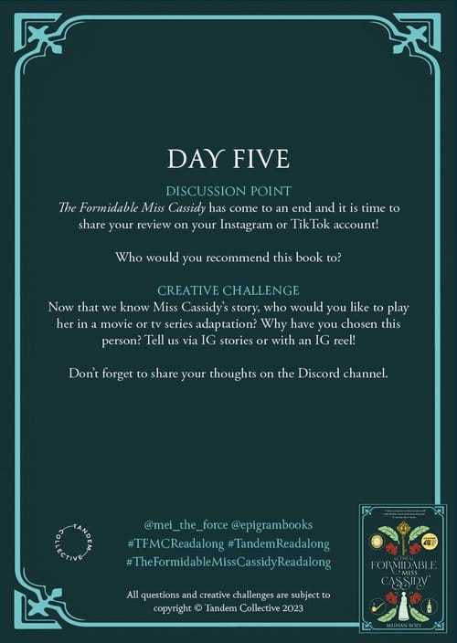 Dark green background with ornate borders. Text reads "Day Five" with discussion and creative challenge prompts about "The Formidable Miss Cassidy."