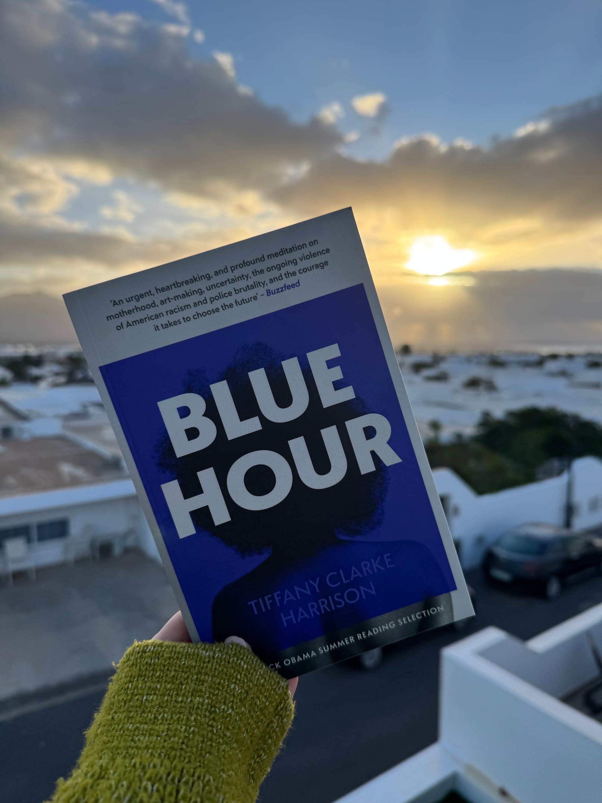 A hand holds a book titled "Blue Hour" against a sunset sky. The cover features a blue and black design. Rooftops and a car are visible below.