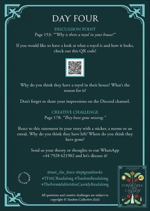 Day Four discussion and creative challenge text in teal background. Topics on pages 153, 178 of "The Formidable Cassidy." Includes QR code.
