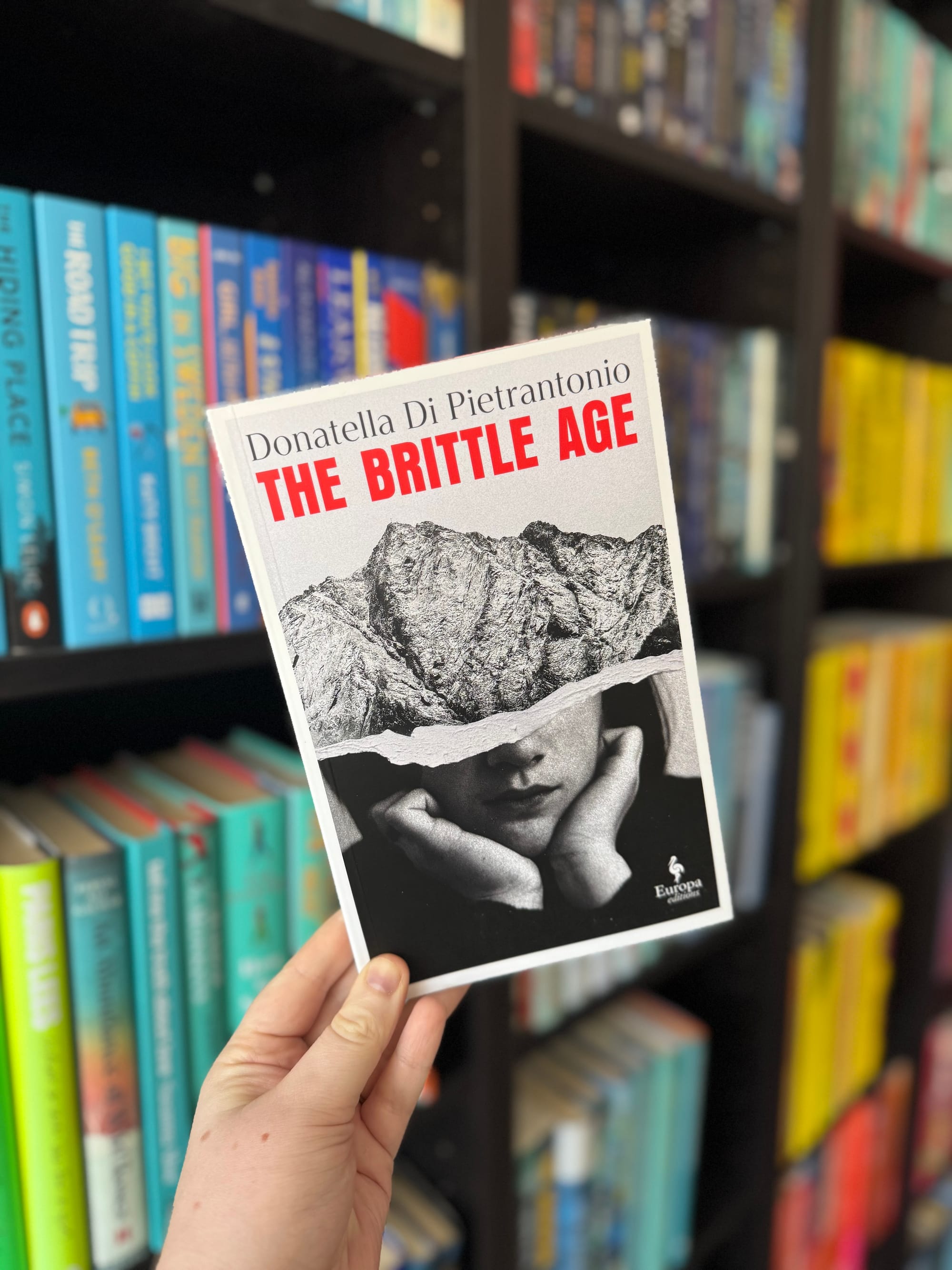 Person holding "The Brittle Age" book by Donatella Di Pietrantonio in a library. Cover: black-and-white face with mountains. Colorful bookshelves.