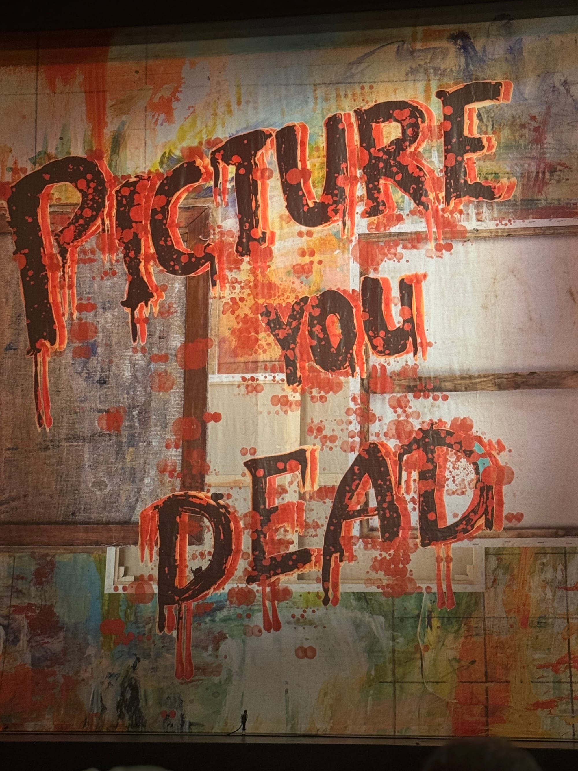 Graffiti-style text saying "PICTURE YOU DEAD" in bold, dripping red paint on a colorful, abstract background, creating a dramatic mood.