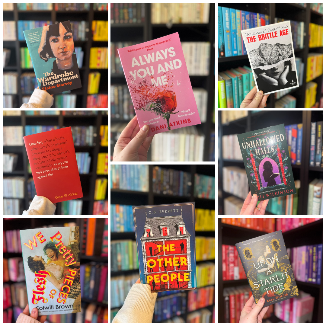 Hands holding various colorful book covers against a blurred bookshelf background, featuring titles like "Always You and Me" and "The Other People".