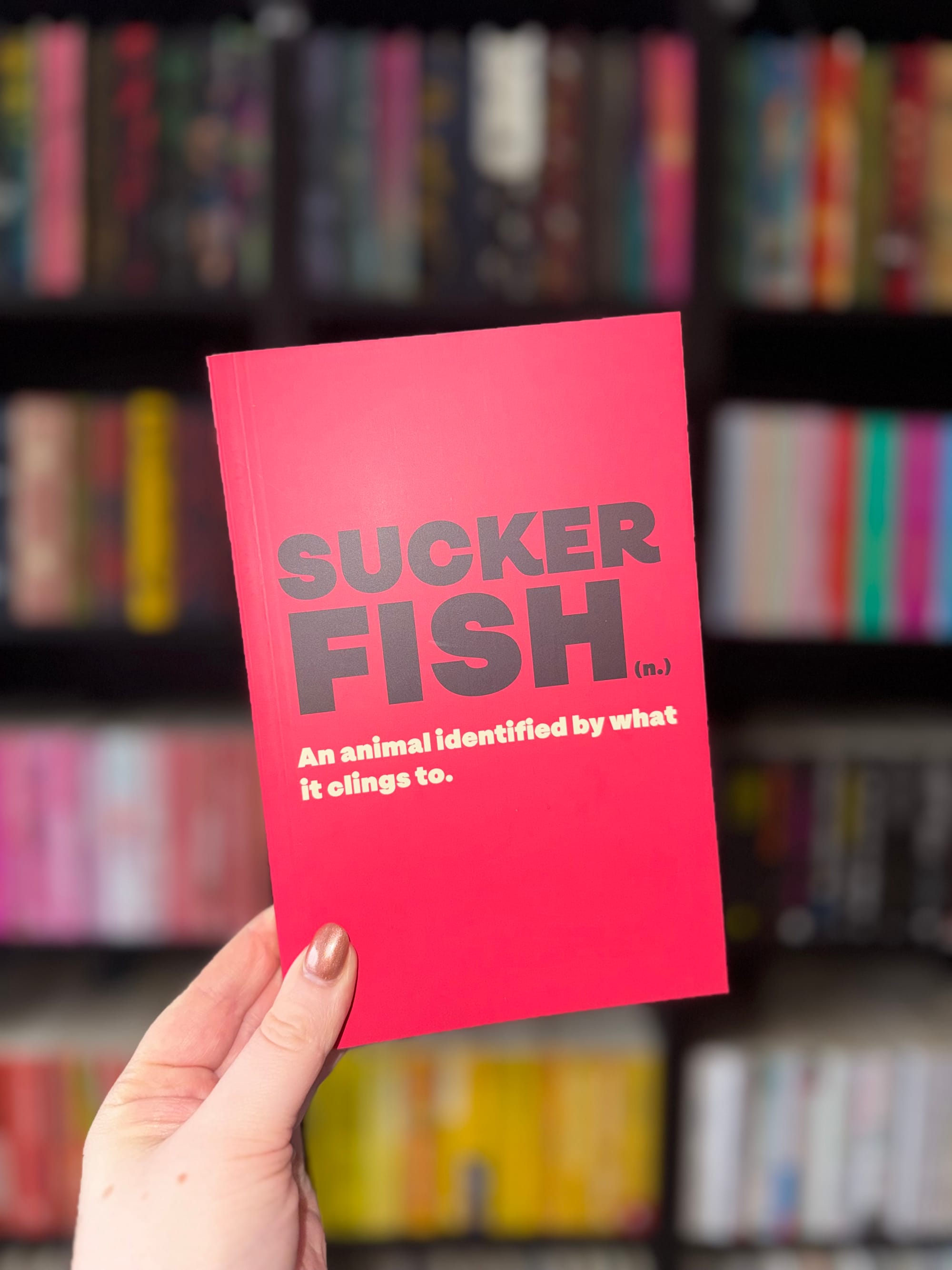 Hand holding a red book titled Sucker Fish against a blurred bookshelf. Text defines it as an animal identified by what it clings to.