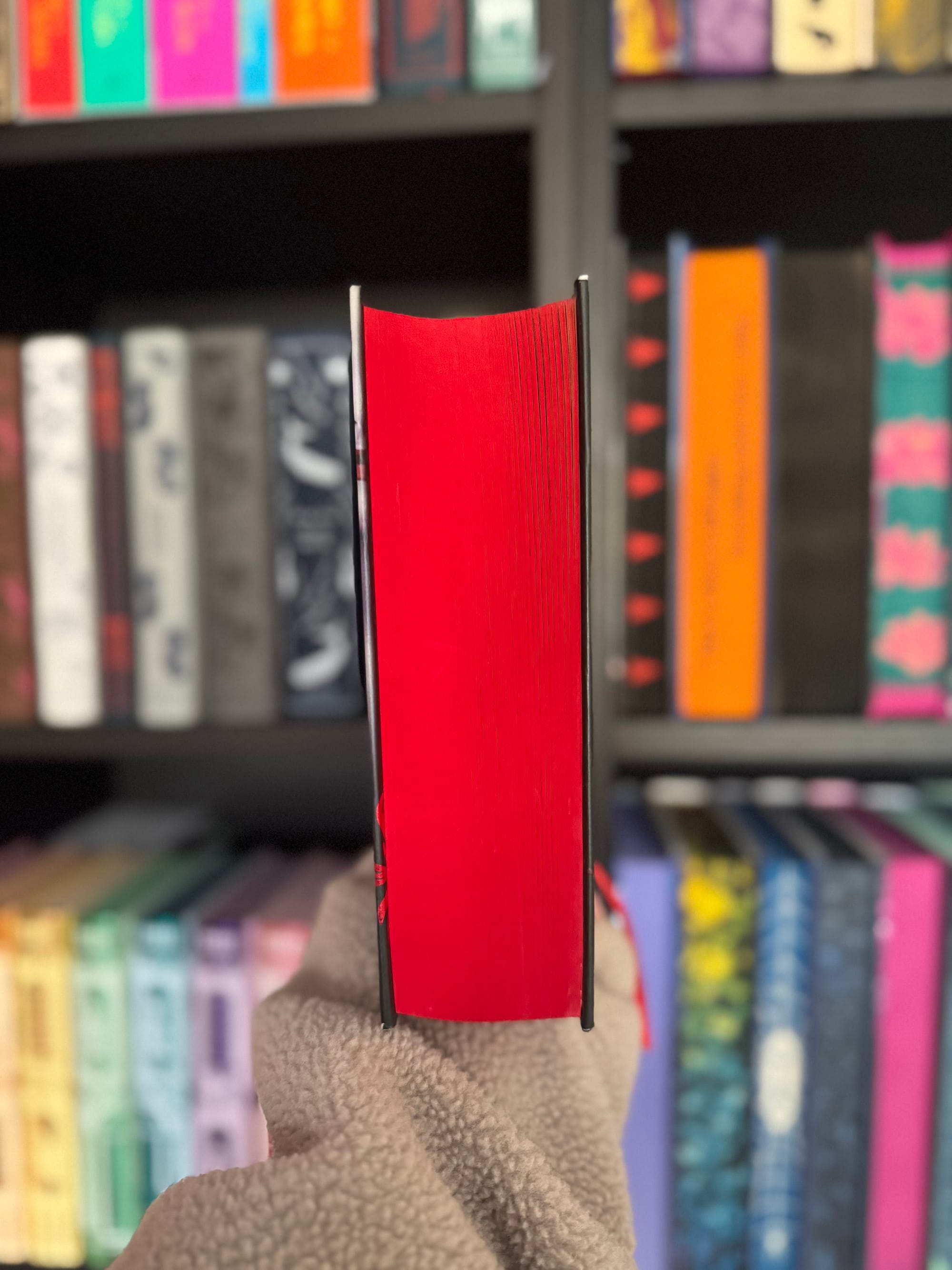 A hand holds a book showing red page edges in front of colorful bookshelves, creating a vibrant, cozy library setting.