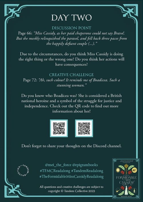 Day Two discussion with quotes about Miss Cassidy, a creative challenge on Boadicea, two QR codes, and reminders for sharing on Discord.