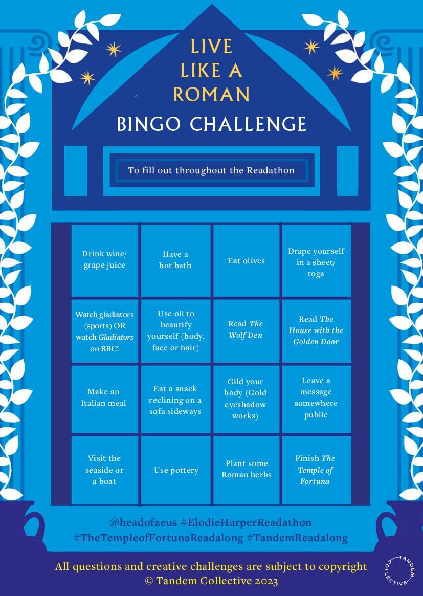 "Blue 'Live Like a Roman' bingo card with activities like eating olives, making an Italian meal, and reading books. Decorative vines border."
