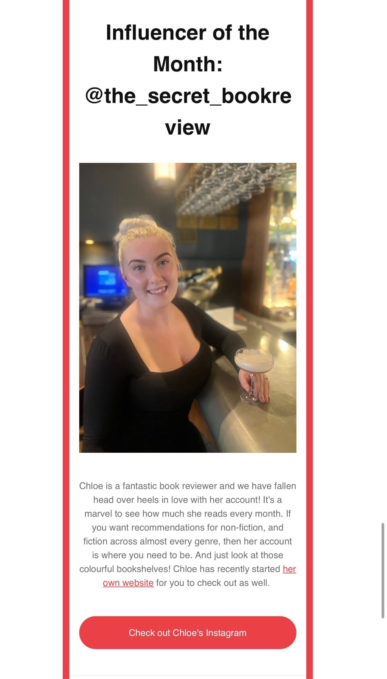 Smiling woman at a bar holds a cocktail. Text above reads, "Influencer of the Month: @the_secret_bookreview." Red and white color theme.