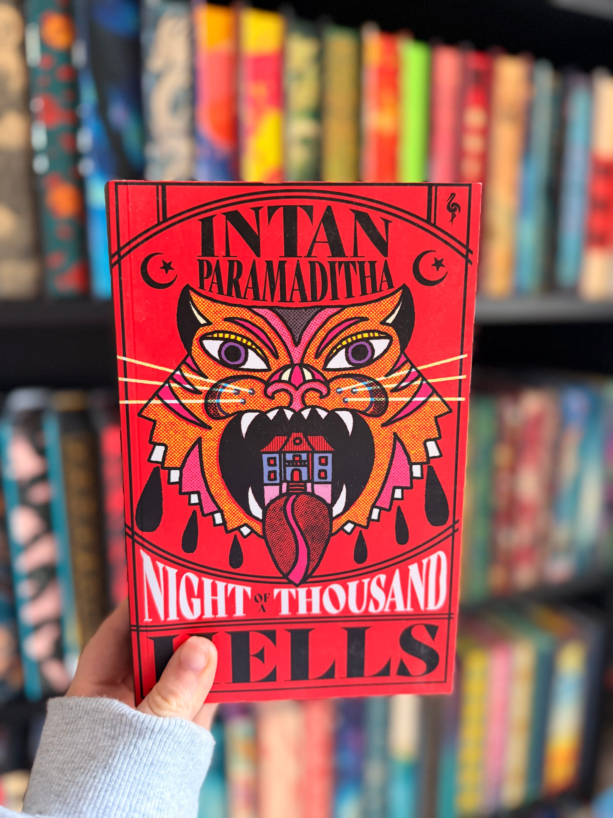 A hand holding a copy of Night of a Thousand Hells by Intan Paramaditha in front of a colourful, softly blurred bookshelf filled with books.