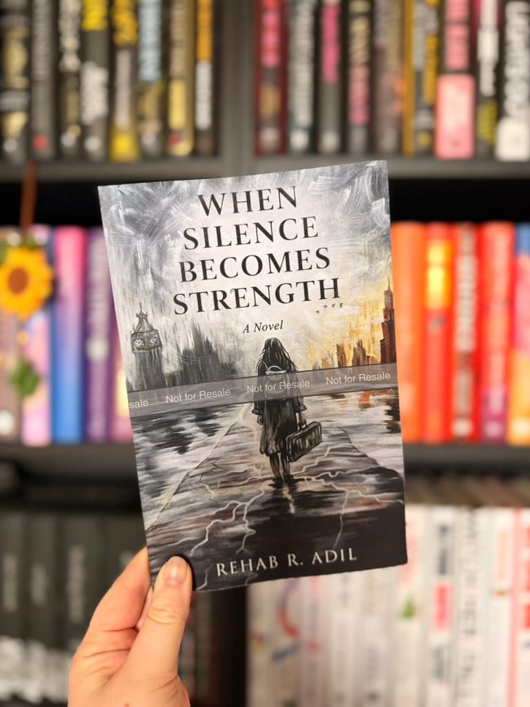 A hand holding a copy of When Silence Becomes Strength by Rehab R. Adil.