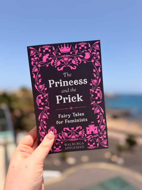 A hand holds a copy of The Princess and the Prick: Fairy Tales for Feminists by Walburga Appleseed against a softly blurred seaside backdrop with blue skies and the ocean in the distance. 