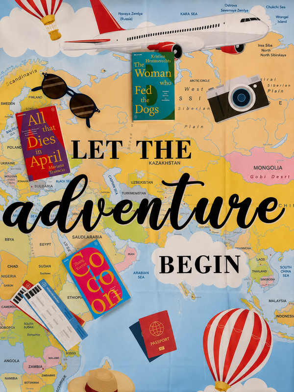 A colourful travel-themed graphic featuring a world map, aeroplane, hot air balloons, sunglasses, camera, passport, boarding passes and three books