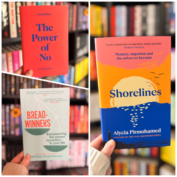A collage featuring three books held in front of colourful, blurred bookshelves